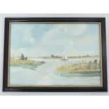 A 20thC watercolour depicting a boat on the Norfolk broads, signed Harry Evans Please Note - we do
