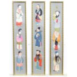 Three frames each containing three Chinese paper dolls with painted and embroidered detail. Frames