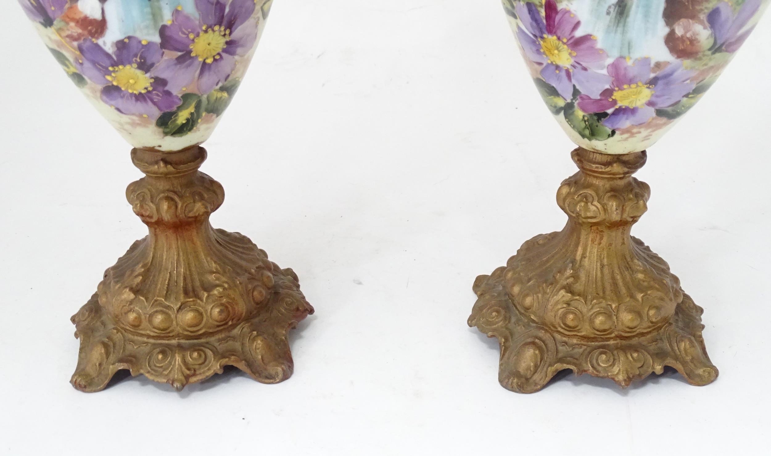 A pair of hand painted glass ewers with gilt metal mounts. Approx. 21" high (2) Please Note - we - Image 6 of 6