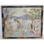 An Oriental embroidery / needlework depicting a figure, exotic birds, flowers, mountains and a