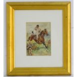 Edith Langray, 20thC, Watercolour, The Whipper-in jumping a fence on horseback with a hound.