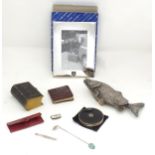 A quantity of assorted items to include a silver plate menu holder modelled as a fish, an