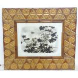 An Oriental monochrome print depicting flowers, foliage and an insect. Approx. 7 1/2" x 9 1/2"