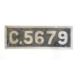 A mid 20thC aluminium railway registration plate, C.5679, 17 3/4" long Please Note - we do not