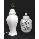 An Oriental blanc de chine style table lamp, together with a white porcelain lamp. Largest approx.