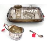A quantity of silver plate items to include a George VI commemorative spoon, Continental beaker,