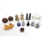 A box of assorted novelty cruets, to include an onyx pepper grinder and salt mill, a Royal Winton
