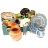 A quantity of assorted studio pottery wares to include Spanish Puigdemont plates, jugs, candle