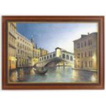 Bland, 21st century, Oil on canvas laid on board, Rialto Bridge, Venice, with a gondola. Signed