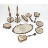 A mid 20thC dressing table set with inset lace and needlework detail comprising tray,