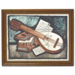 20th century, Continental School, Painting on nine tiles, A still life study with a lute, books