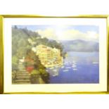 A colour print titled Morning Walk by Lucio Sollazzi, depicting a Mediterranean scene with moored