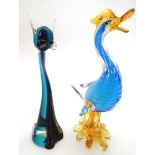 Two Murano glass figures, one formed as a stylised cat, the other a stylised duck. the tallest 12