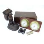 Box of assorted miscellaneous items to include a harmonica, clock and barometer, binoculars, writing