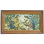 A religious print depicting Mary, Joseph and Jesus Christ in a landscape. In a carved wooden