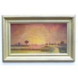 An oil on board depicting a landscape with a church spire and windmill by S J Mann, signed lower