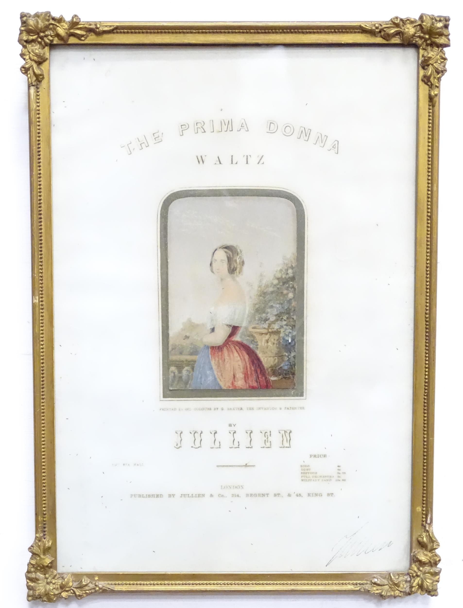 A 19thC framed sheet music frontispiece for The Prima Donna Waltz with a colour George Baxter - Image 3 of 6