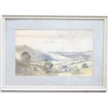 A watercolour depicting a country landscape scene with a view of a village. Indistinctly signed