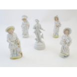 Five German figures, comprising a boy with a dog, a girl with a duck, etc. with gilt highlights