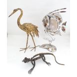 Three stylised animal ornaments, to include a model of a fish with polished agate detail, heron with