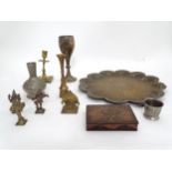 Quantity of assorted eastern brass ware to include tray, models of deities etc. The tray 16 1/4"