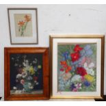 Three still life pictures to include a watercolour of lilies, signed lower right, an oil on board