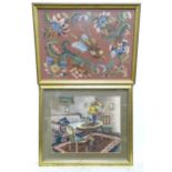 Two tapestries / woolwork embroideries, one depicting musical instruments with a floral border,