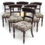 A set of six late 19thC mahogany dining chairs with shaped and curved top and mid rails above