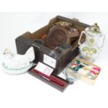 A box of miscellaneous items to include vintage Christmas decorations, pewter tankard, hen on