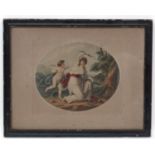 A 19thC colour engraving Angelica Kauffman (1741-1807), titled Cupid disarmed by Euphrosine. Approx.