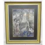 A pastel landscape by Veronica Aldous depicting nude figures, trees, flowers, etc. Approx 22" x 16