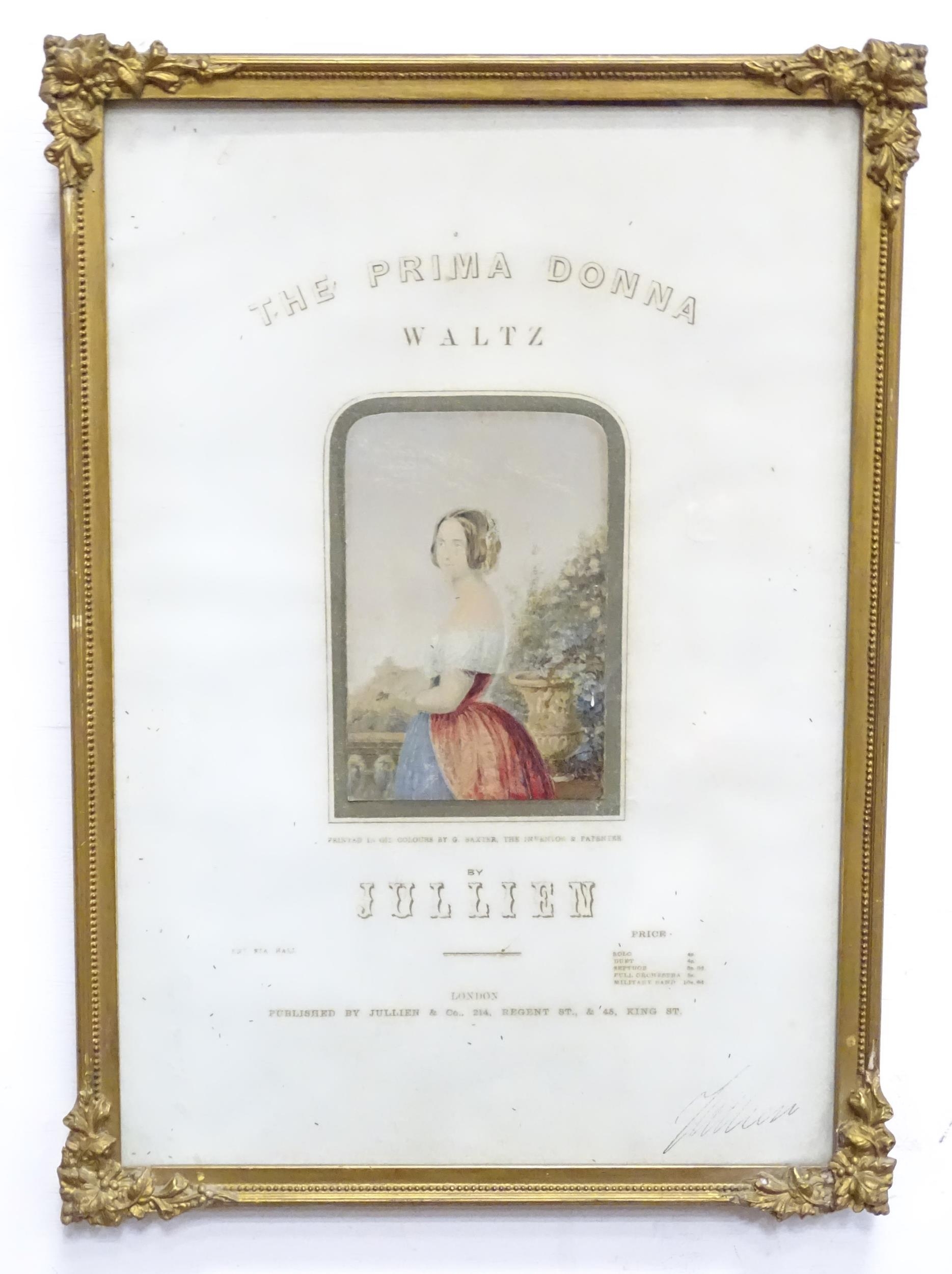A 19thC framed sheet music frontispiece for The Prima Donna Waltz with a colour George Baxter