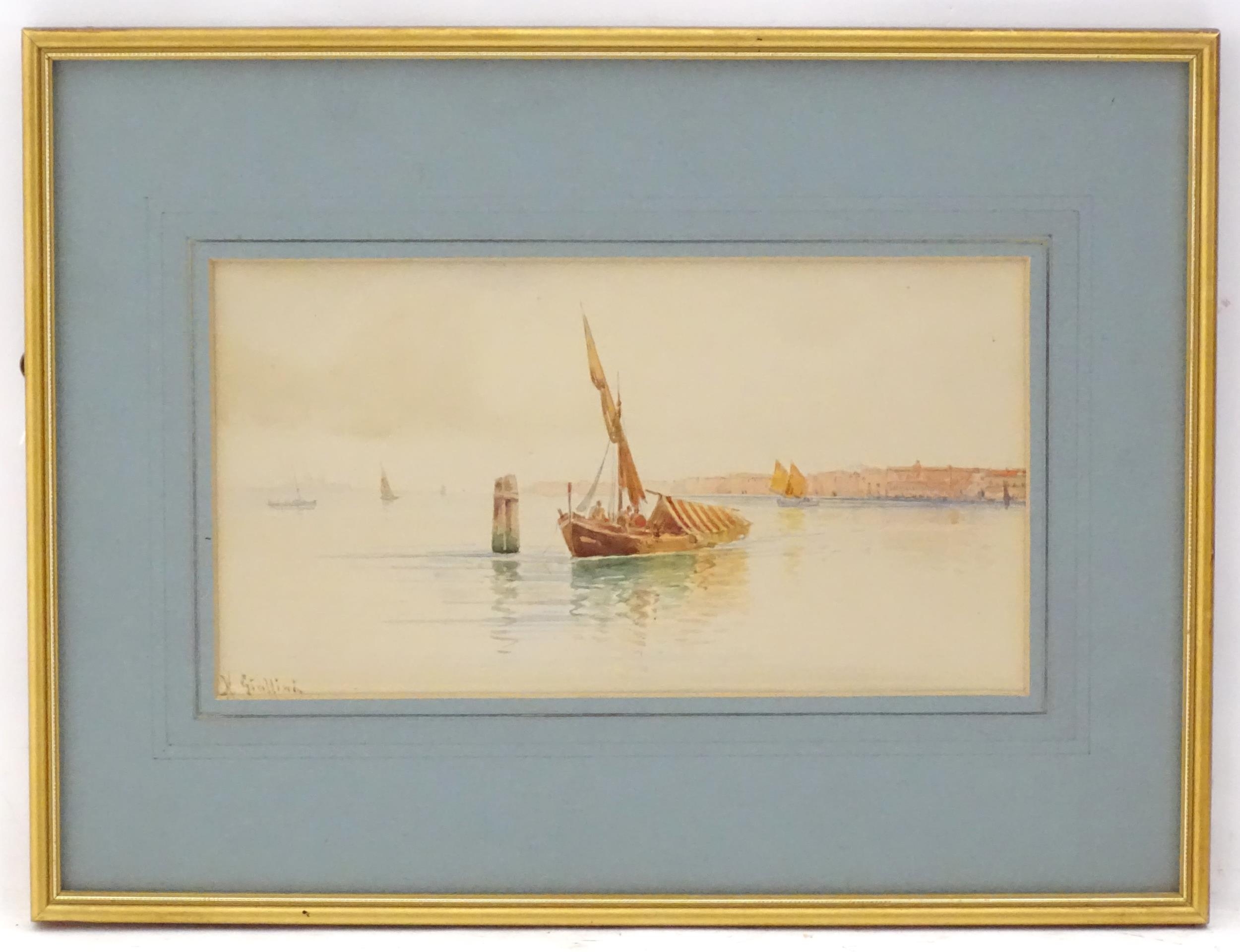 A. Giallina, Early 20th century, Watercolour, A Mediterranean view with fishing boats and figures,