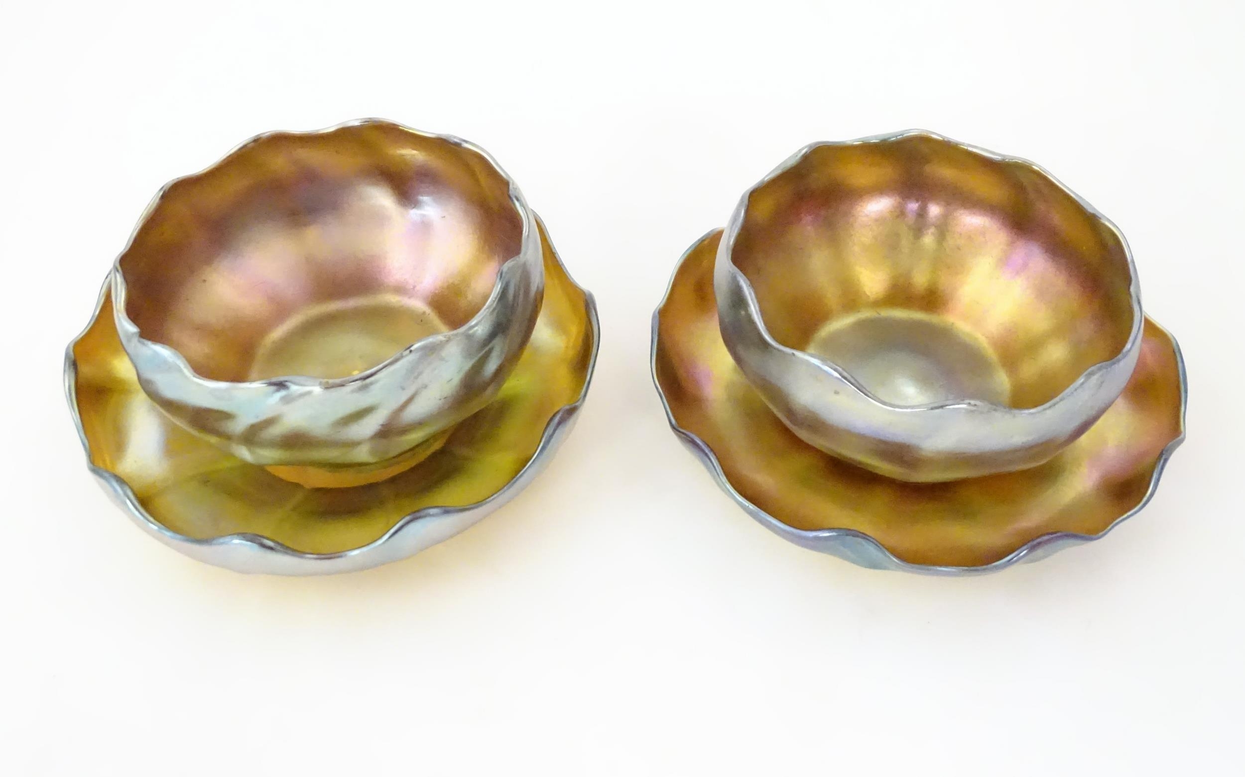 Tiffany Glass : Two Louis Comfort Tiffany Favrile glass finger bowls and stands. Signed under 'L.C.T - Image 2 of 9