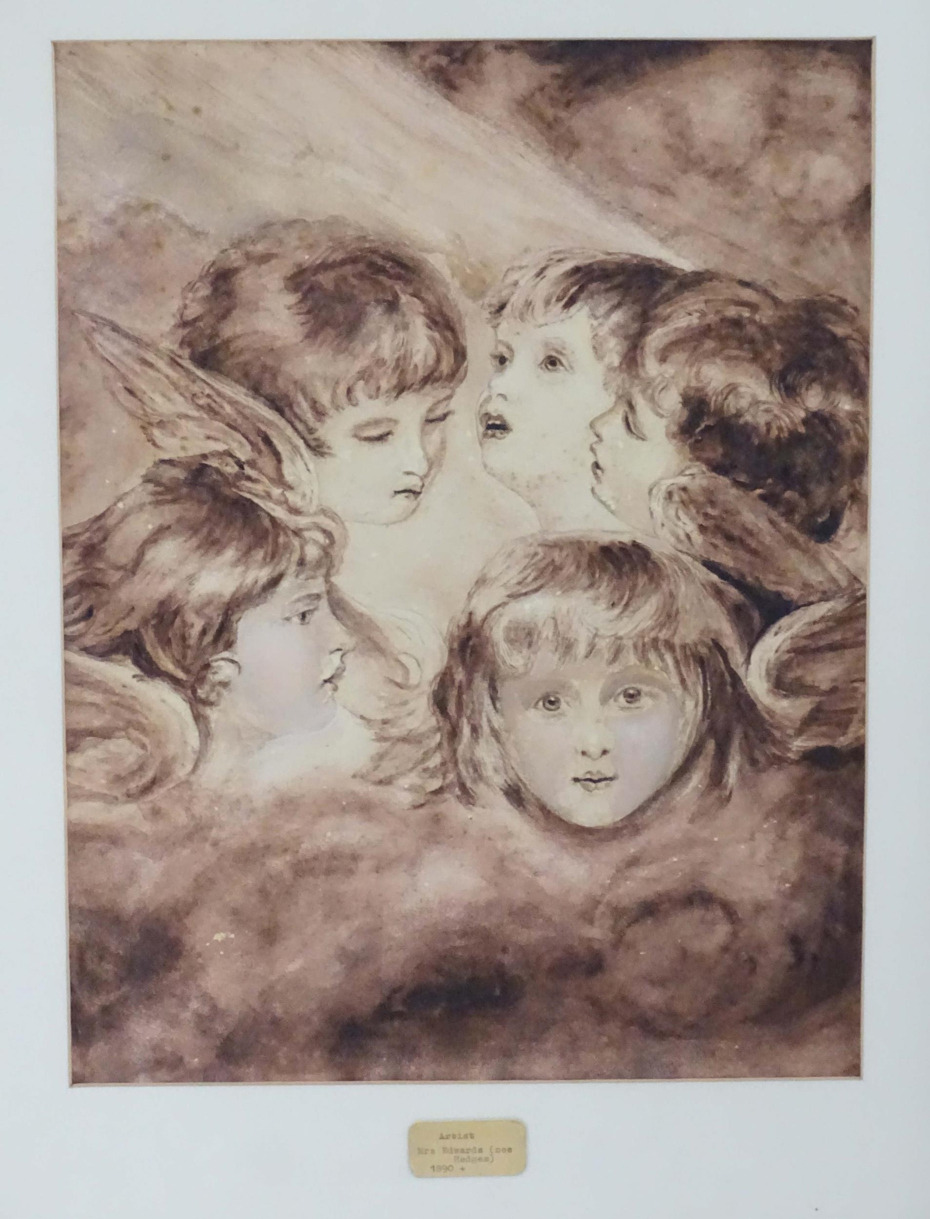 Mrs Edwards (nee Hedges), 19th century, Two sepia watercolours, Heads of Angels after Sir Joshua - Image 4 of 6