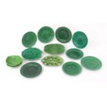 A quantity of assorted majolica leaf plates to include examples by Wedgwood, Davenport, etc. Some