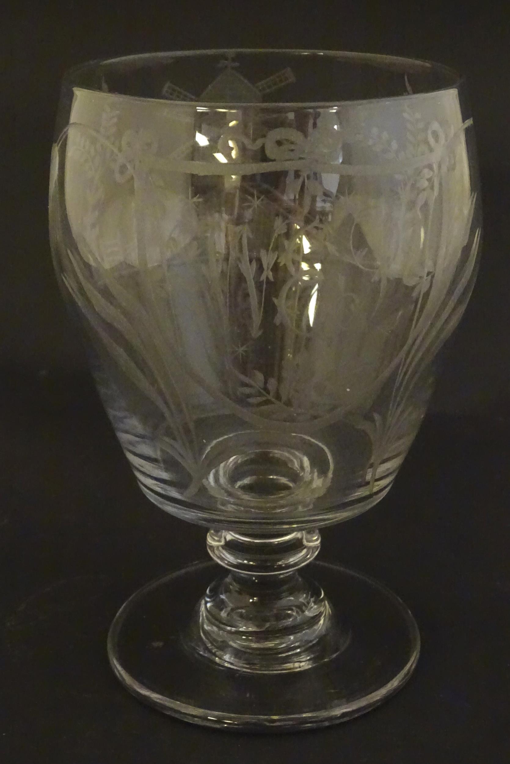 A 19thC glass rummer with engraved decoration depicting windmill and barley detail, with monogram - Image 2 of 9