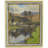 Lionel Birch (1858-1930), Oil on board, A rural village landscape with a view of a bridge. Signed