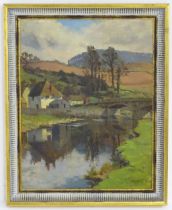 Lionel Birch (1858-1930), Oil on board, A rural village landscape with a view of a bridge. Signed