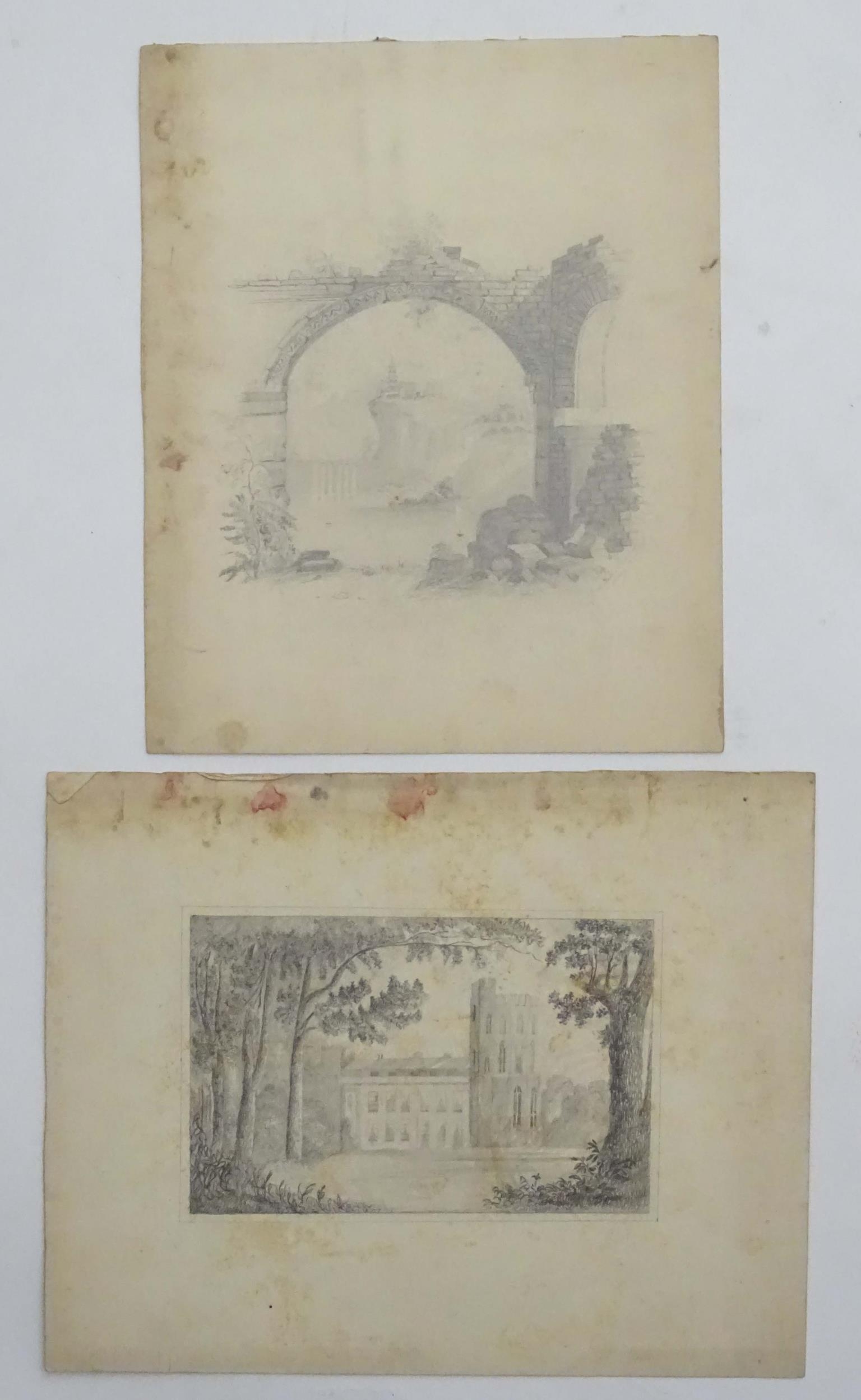 Georgiana Beech, 19th century, Pencil, An arch ruin with a view of a river with arch bridge,