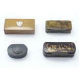 Four 19th and early 20thC snuff boxes to include a horn example with applied hunting engraving to
