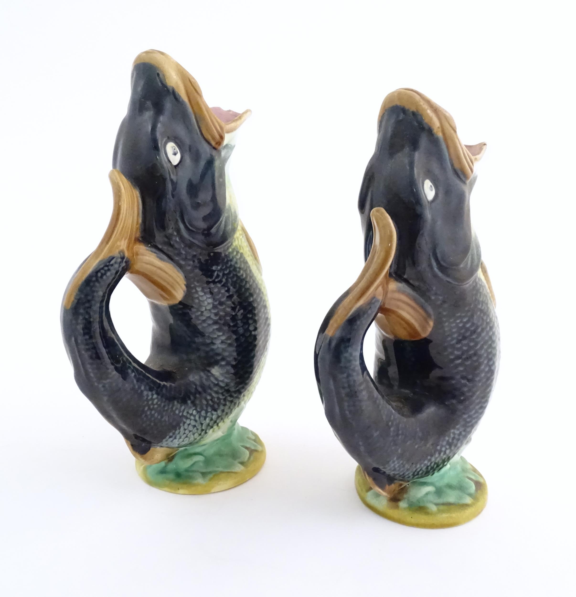 Two Victorian majolica gurgle jugs modelled as fish. Marked under 116. Largest approx. 9 3/4" - Image 4 of 16