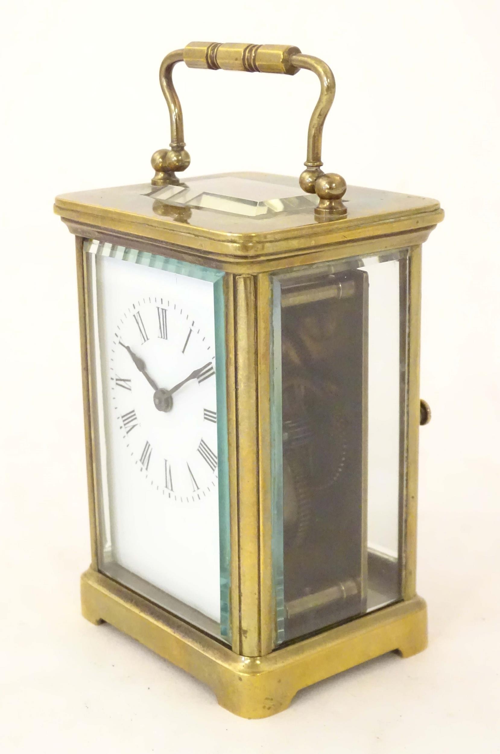 A brass carriage clock with white enamel dial. the whole 5 1/2" high Please Note - we do not make - Image 7 of 13
