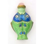 A 20thC snuff bottle with enamel fish decoration with rose quartz cabochon to lid. Approx. 2 3/4"
