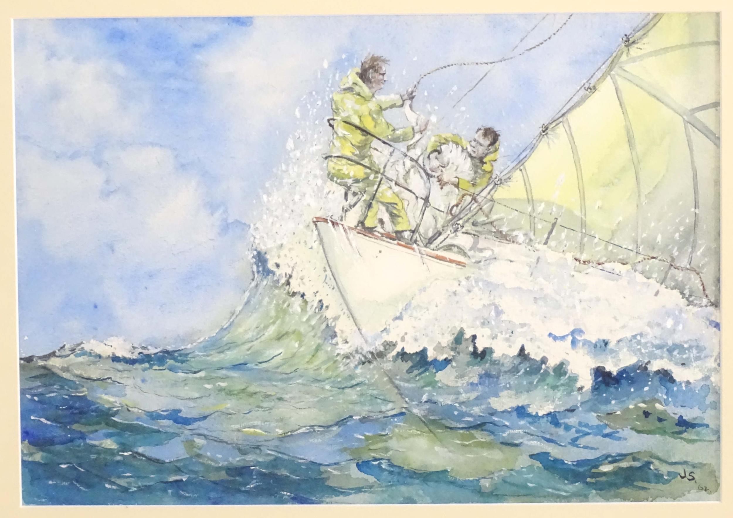 J. S., 20th century, English School, Watercolours, A pair, A sailing boat at sea with figures. - Image 3 of 6