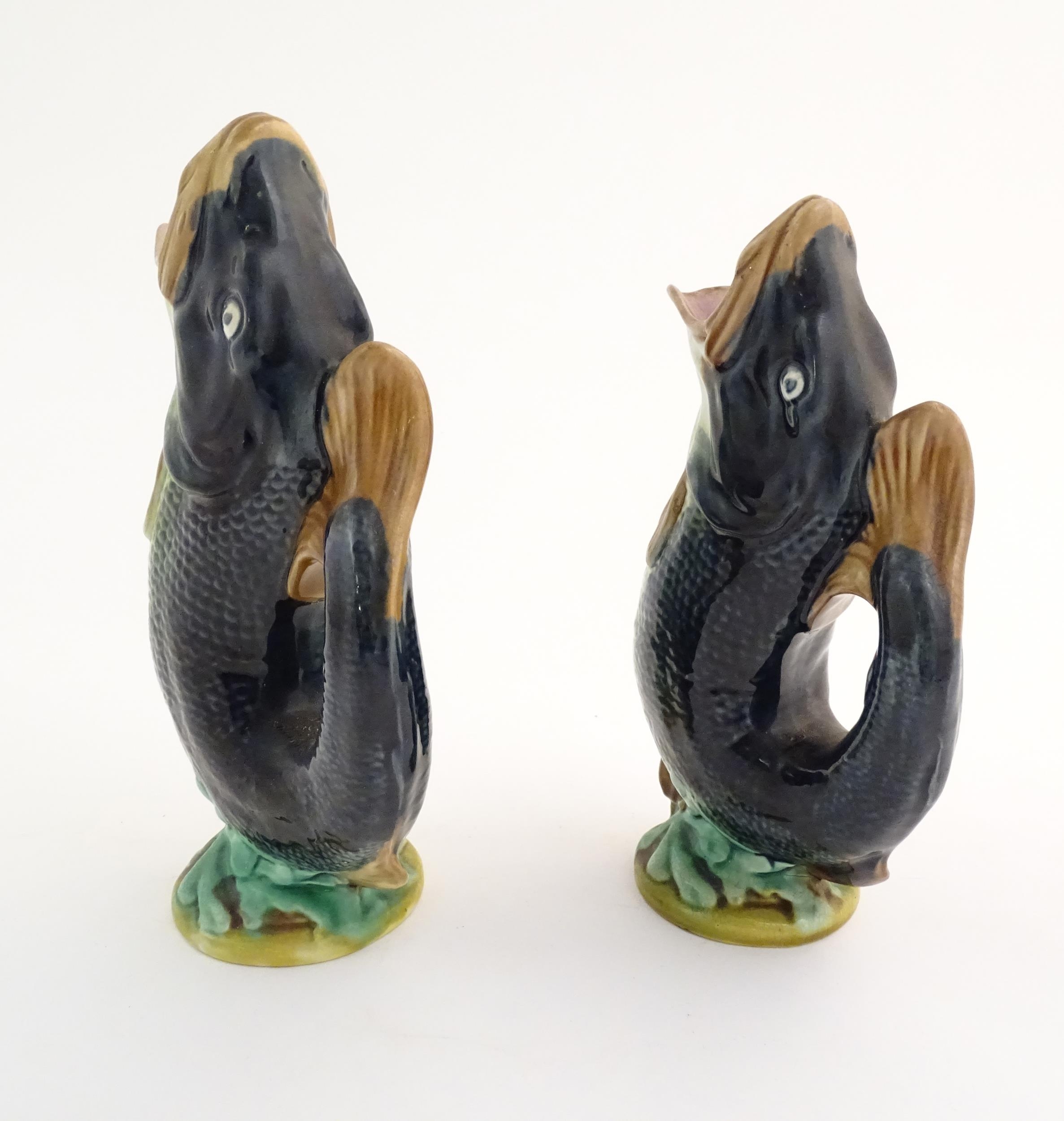 Two Victorian majolica gurgle jugs modelled as fish. Marked under 116. Largest approx. 9 3/4" - Image 3 of 16