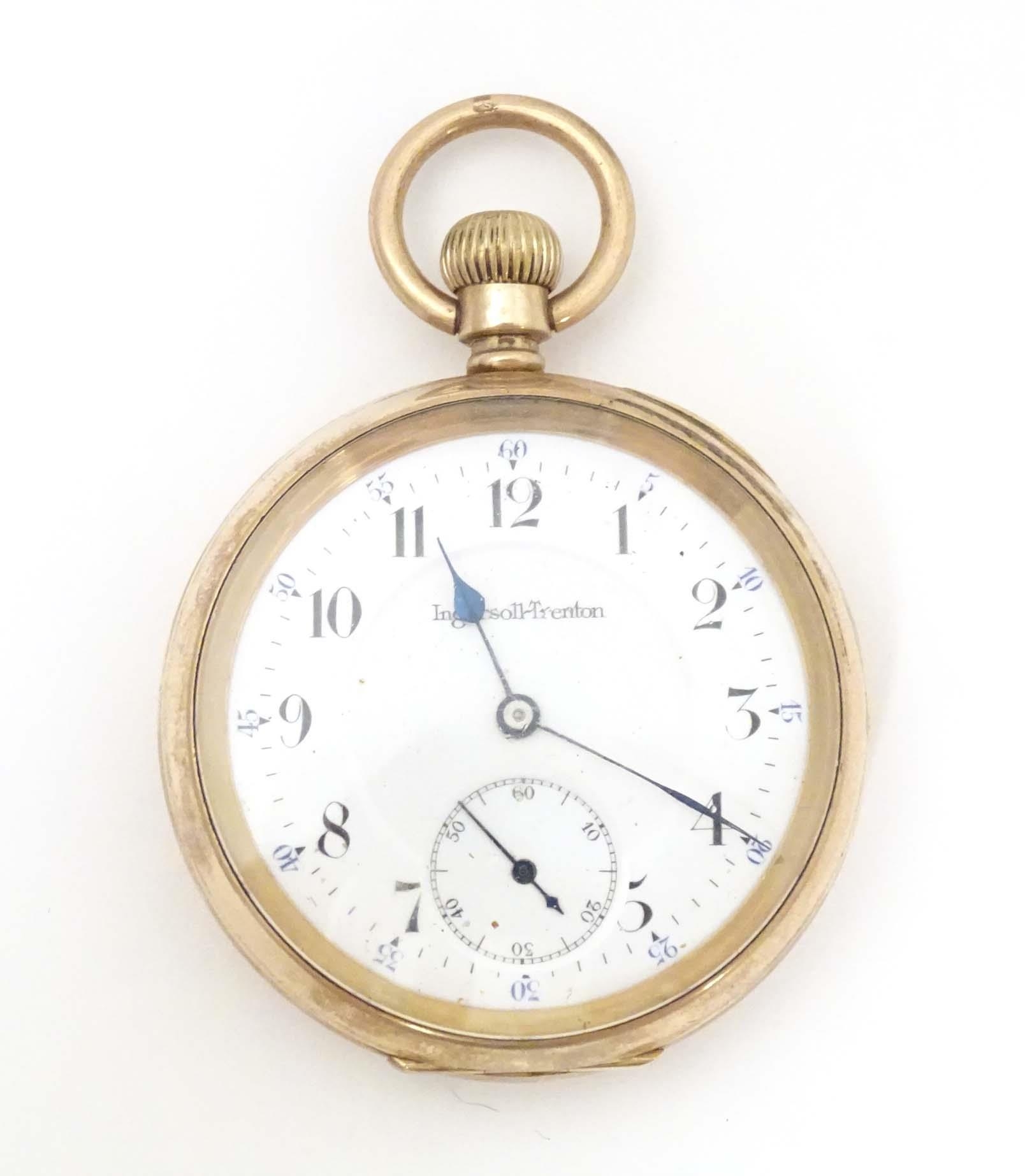 An Ingersol - Trenton 15 jewel pocket watch in a gilt metal case, the enamel dial signed Ingersol-