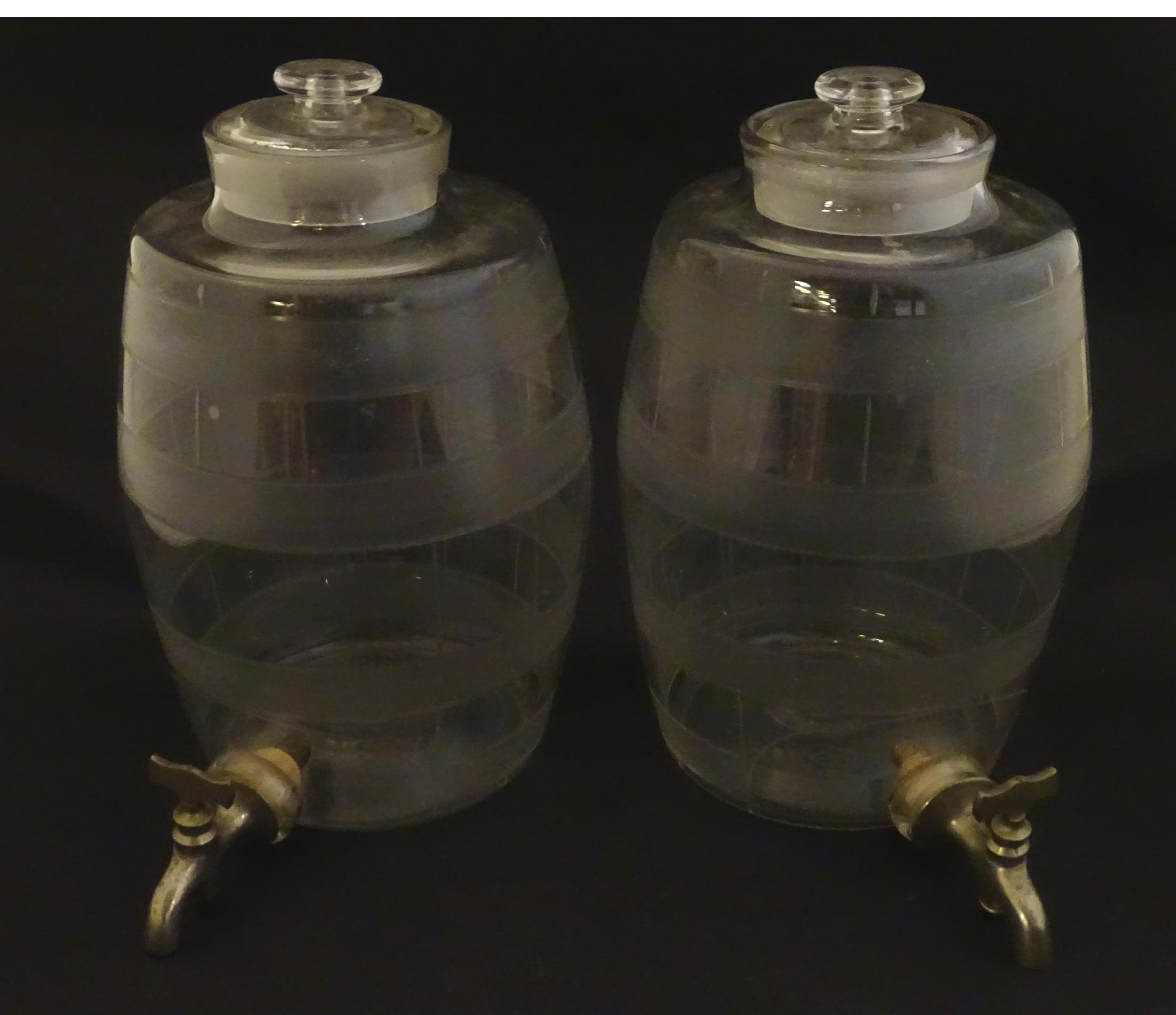 Two Victorian glass spirit / rum barrels with etched decoration and with silver plated taps. - Image 4 of 18