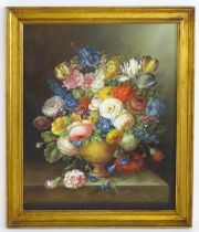 Manner of Thomas Webster, 20th century, Oil on board, A still life study of flowers in a pedestal