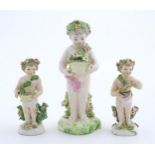 Three Derby Porcelain style figures modelled as cherubs / young boys, two carrying baskets of
